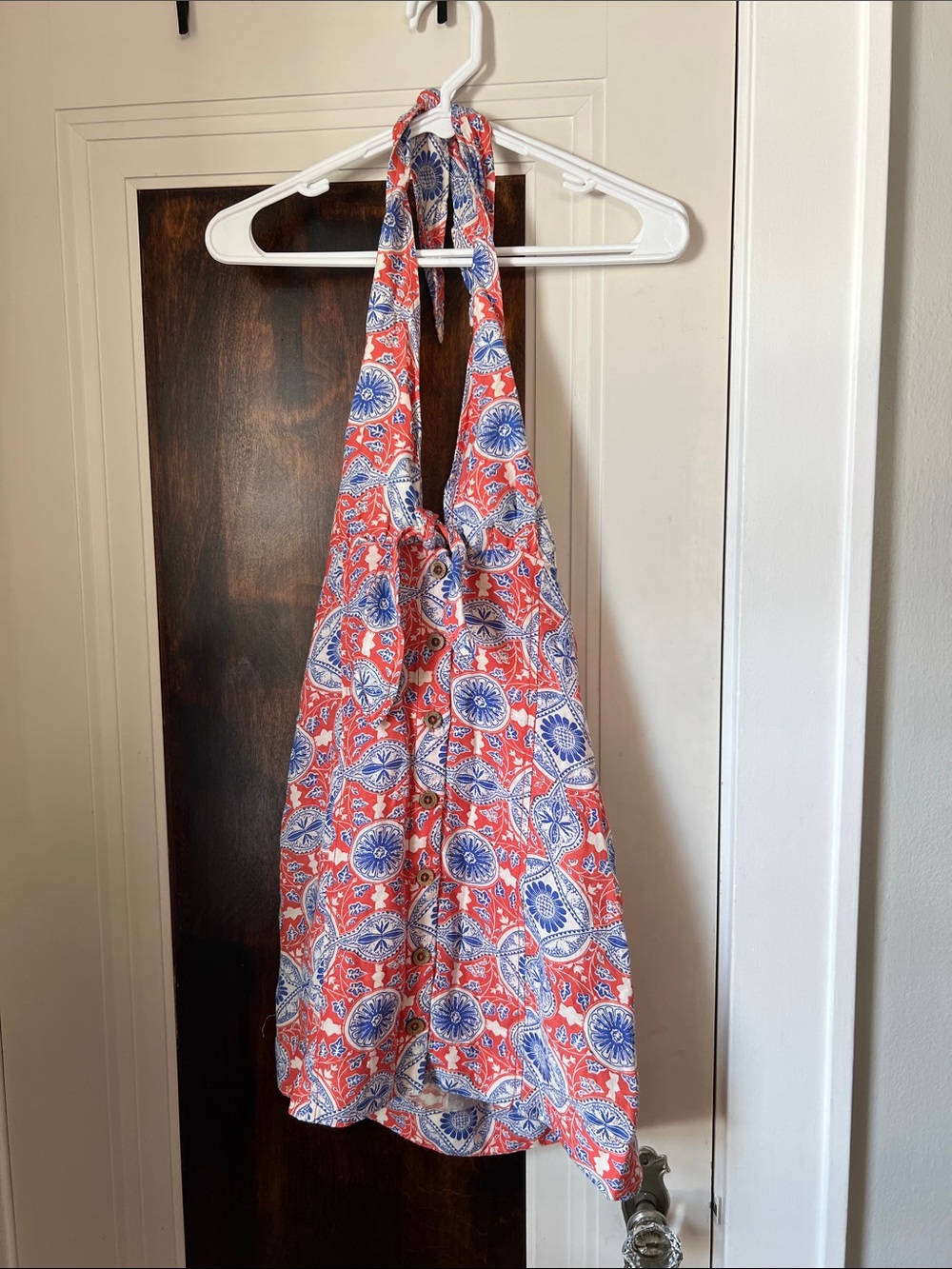 Anthropologie Maeve Coral and Blue Printed Halter Dress